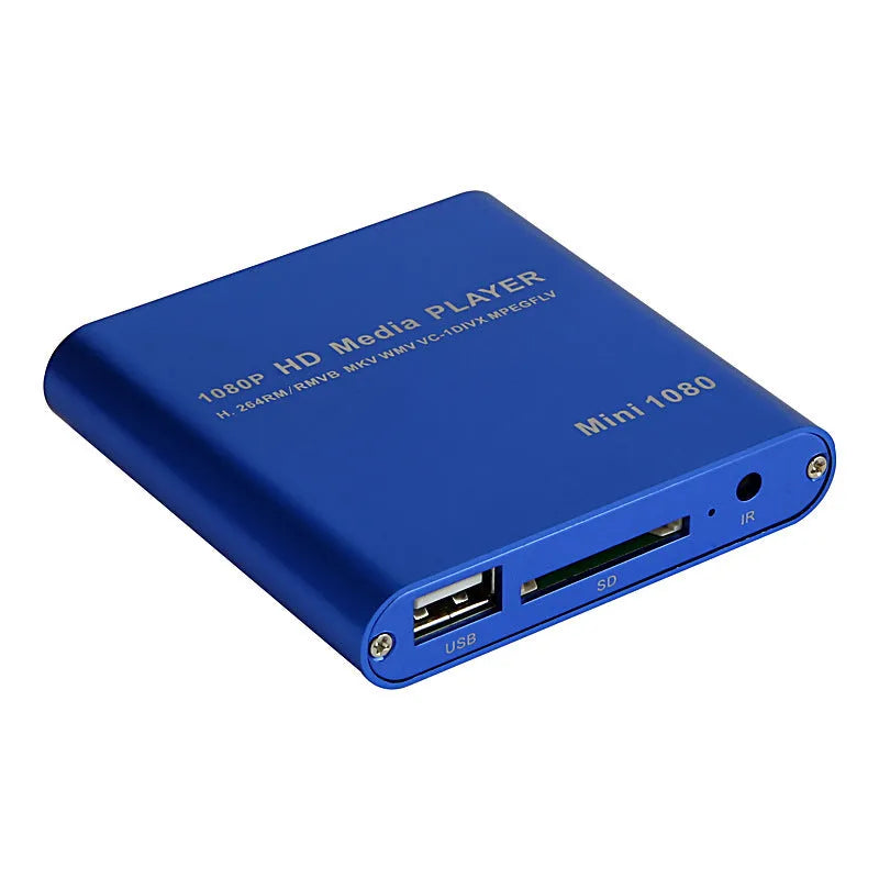 Compact blue 1080P HDMI media player with SD card and USB ports