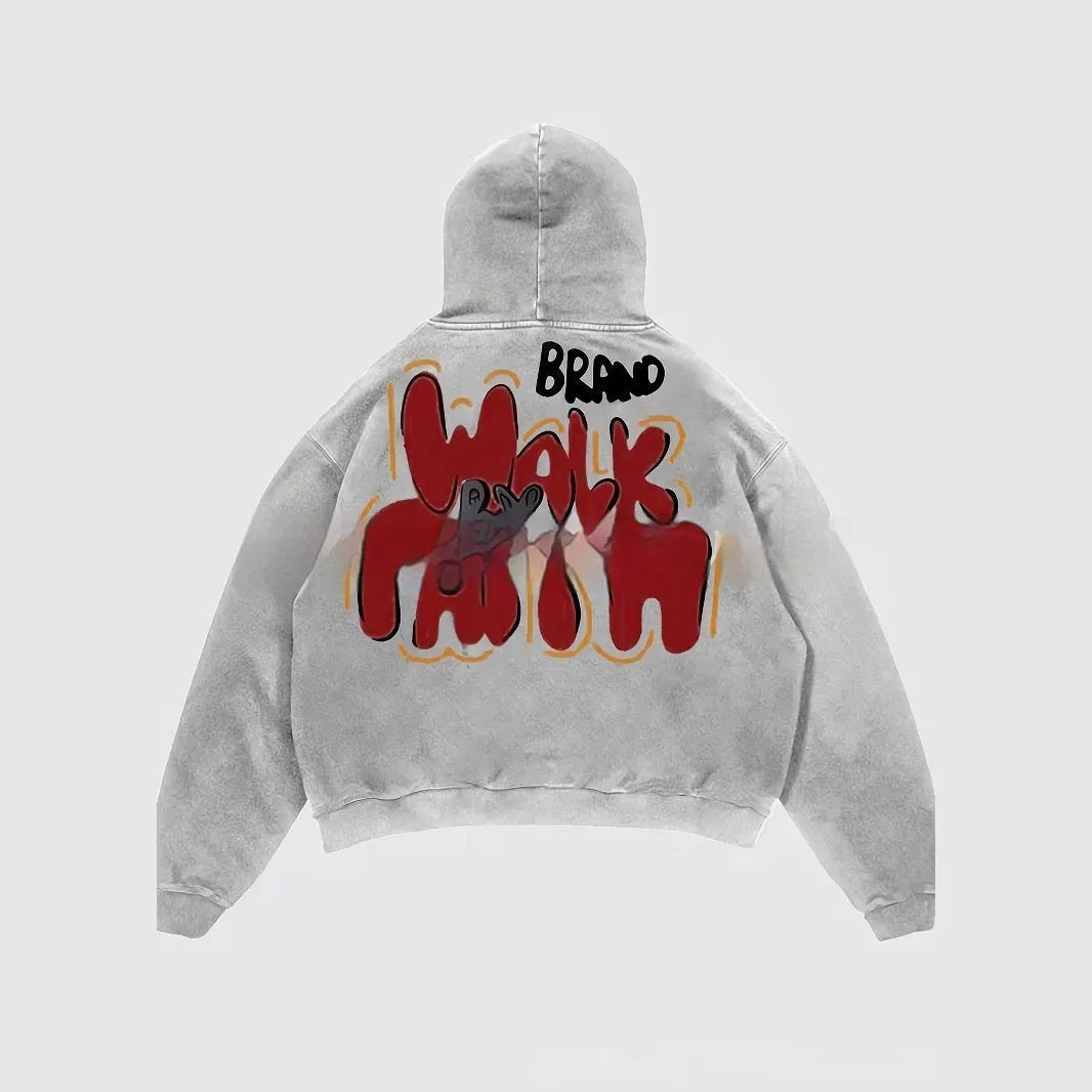Women's grey hoodie with vintage letter print design, long sleeves, and pocket