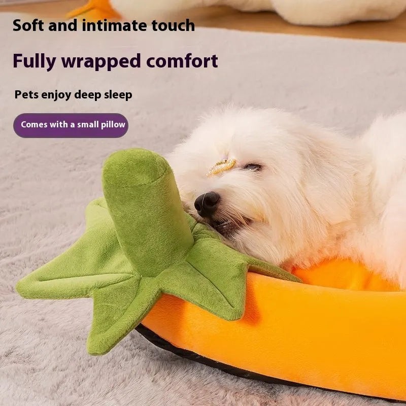 Brown washable dog mat with carrying handle on a wooden floor, showing removable cloth cover.