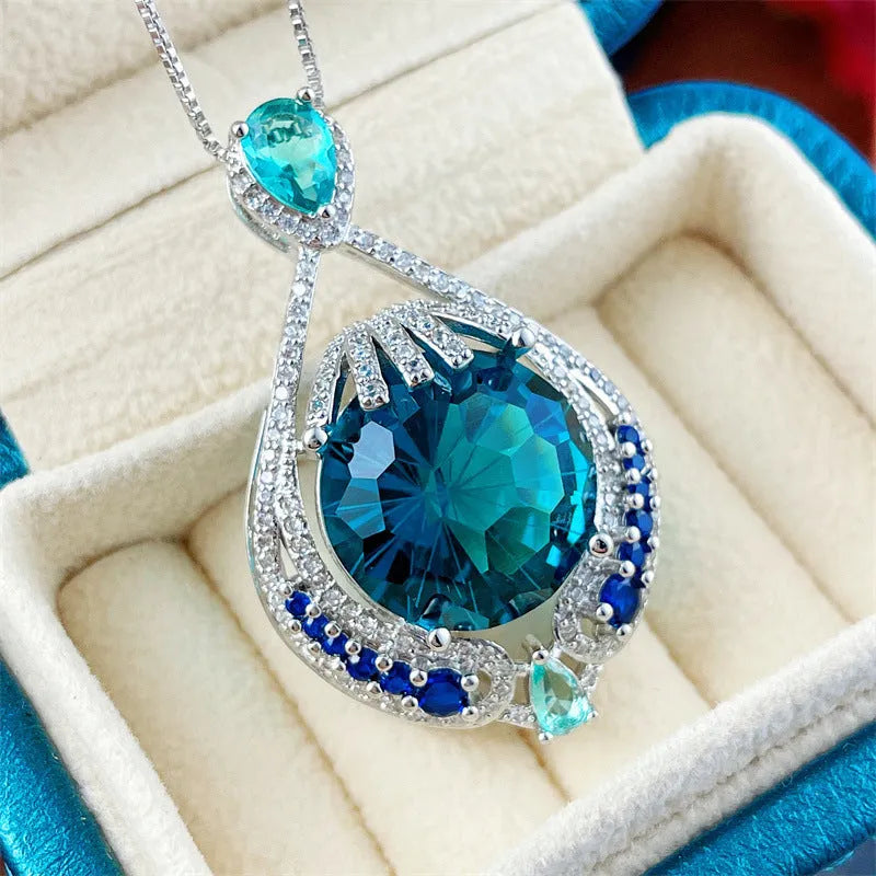 Blue crystal fireworks cut geometric pendant necklace on water wave chain for women