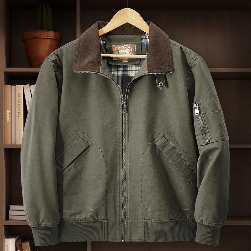Men's plus size washed cotton baseball flight jacket in beige colour
