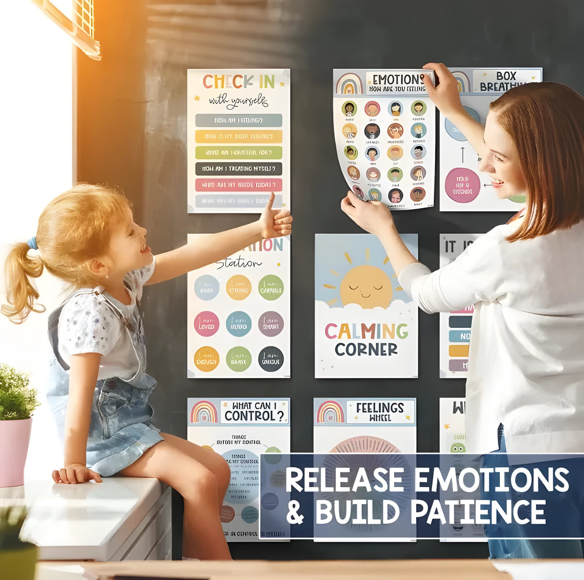 Calm corner poster set with 12 calm posters and 16 educational posters in puzzle style for classroom decoration