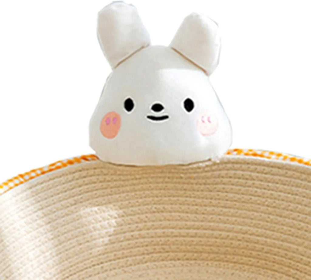 Woven cotton rope cat bed and scratching board in basket shape with bear design