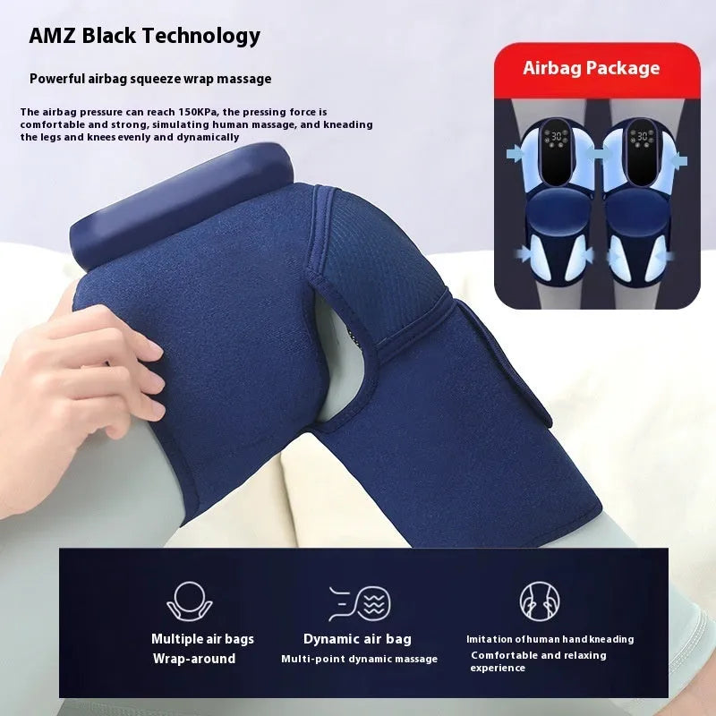 Blue self-heating knee massager showing airbag and control panel for vibration, heat, and compression functions.