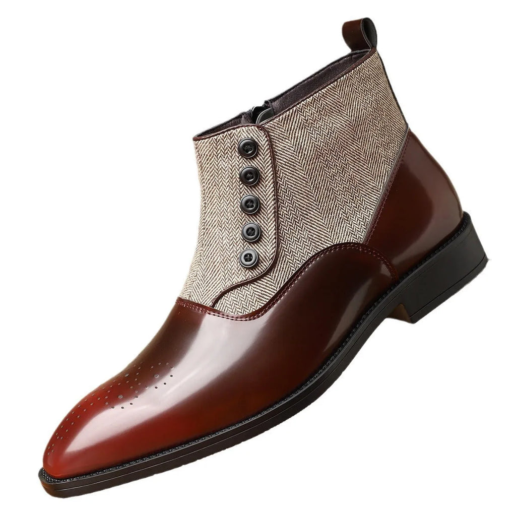 Men's brown and green retro leather shoes with side zipper and square toe for business wear