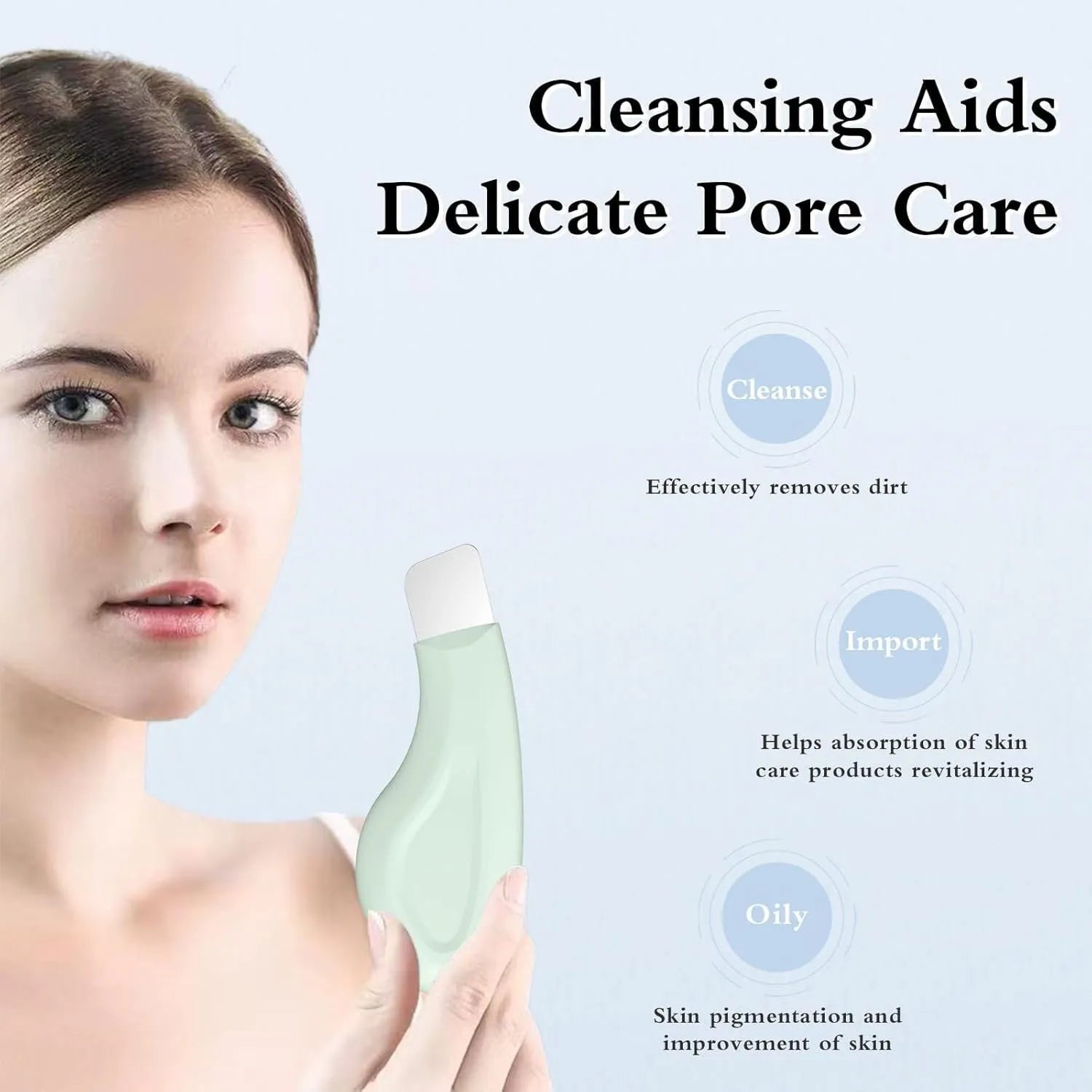 Green stainless steel facial pore scraper tool with a non-slip handle for blackhead removal.