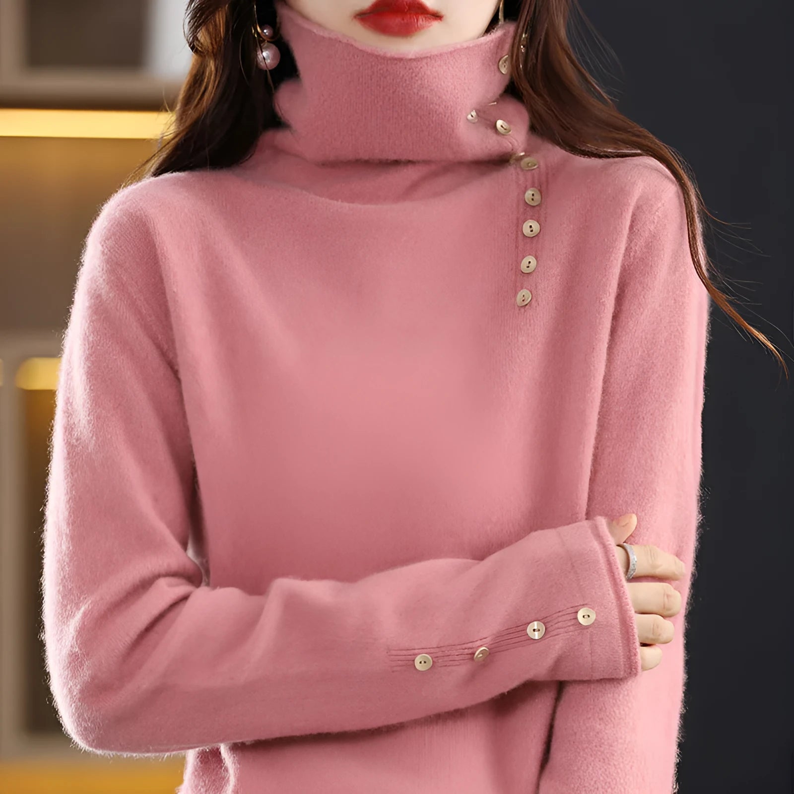 Core-spun yarn knitted bottoming shirt with 3D pattern in light camel colour