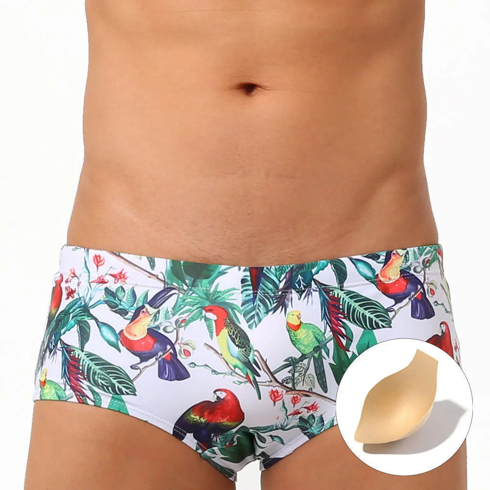 Men's swimming trunks with flower and bird print design in nylon fabric for beach and pool swimming