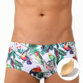Men's swimming trunks with flower and bird print design in nylon fabric for beach and pool swimming
