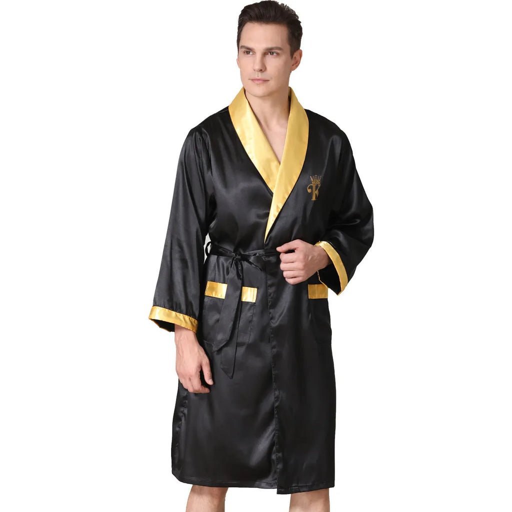 Men's summer bathrobe in rayon fabric showing colour options including stripes and collar accents