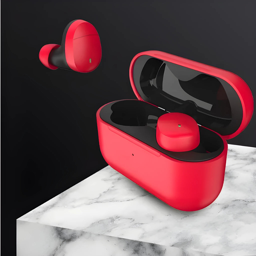 Flame red Qualcomm Bluetooth 5.2 wireless earbuds with charging cable