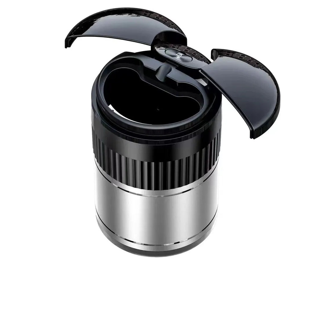 Automatic metal car ashtray with touch control in black colour, showing compact size and lid.