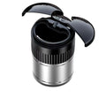 Automatic metal car ashtray with touch control in black colour, showing compact size and lid.