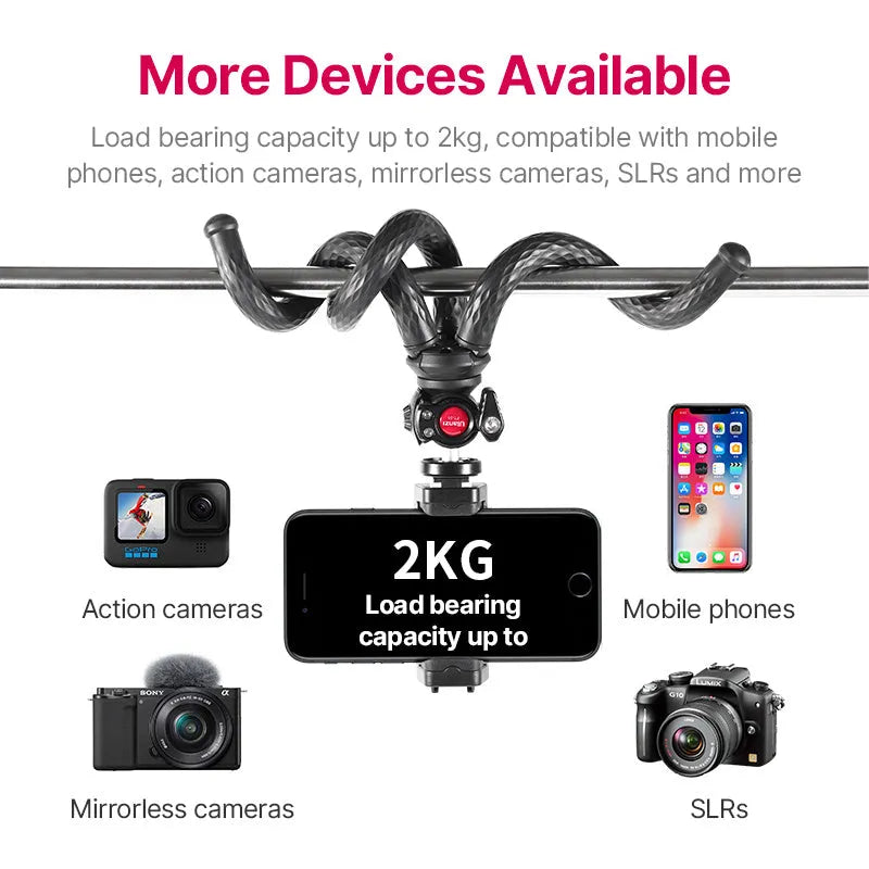 Black octopus-style mobile phone tripod set with aluminium legs and phone clip extended to 360mm
