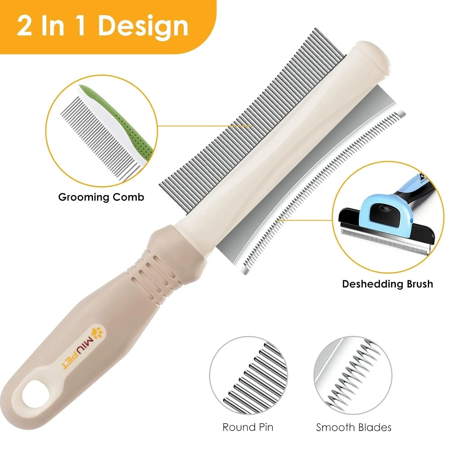 White double sided pet brush with grooming comb and deshedding brush head on an ergonomic handle.