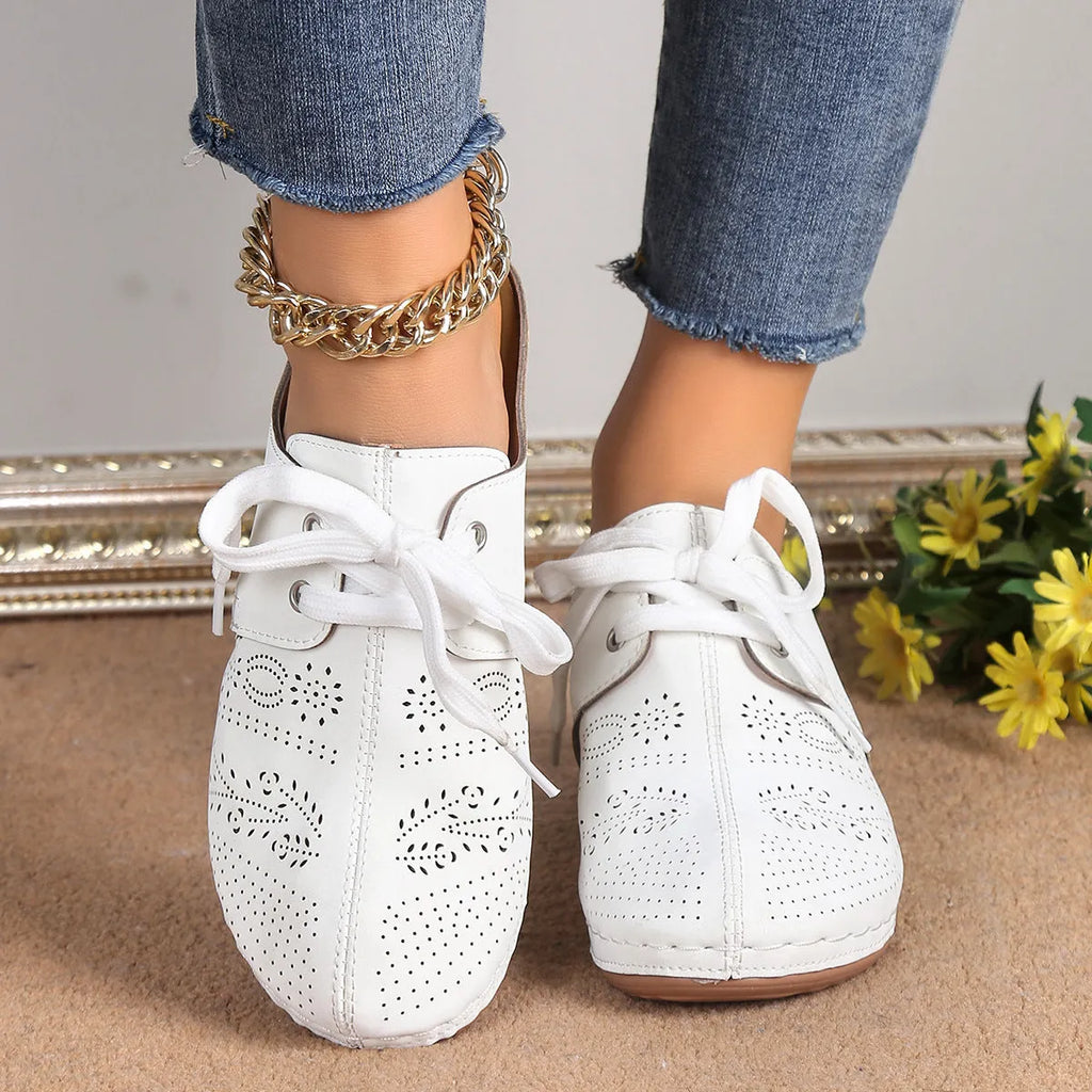 Women's lace-up wedge slippers with hollowed-out design in suede and rubber construction