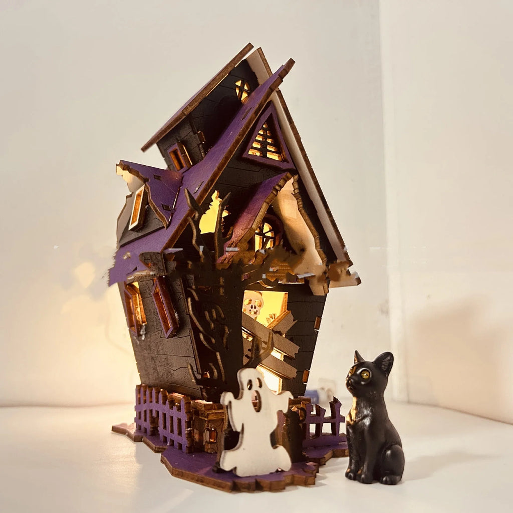 DIY wooden glowing haunted house Halloween decoration and candlestick holder, unassembled craft kit.