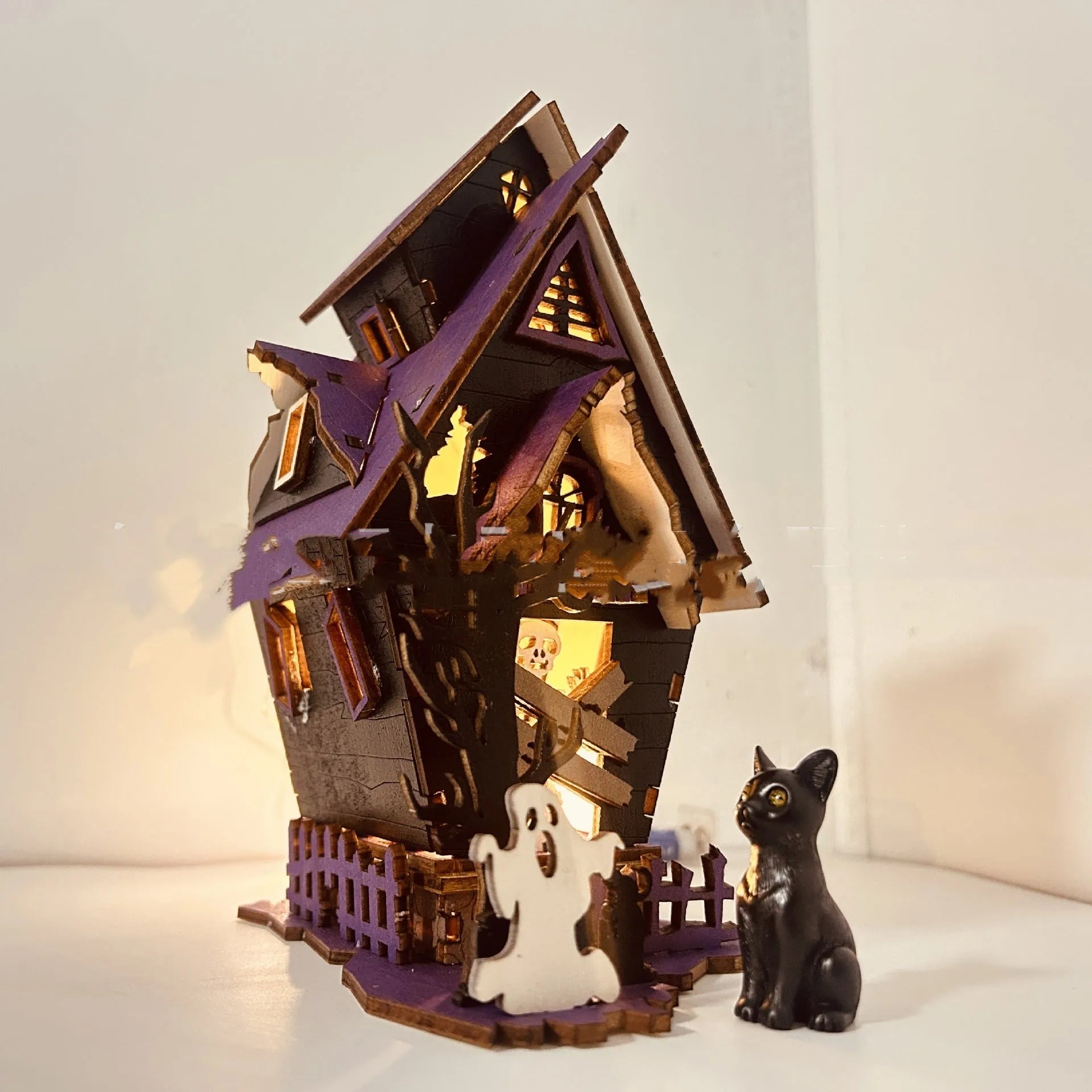 DIY wooden glowing haunted house Halloween decoration and candlestick holder, unassembled craft kit.