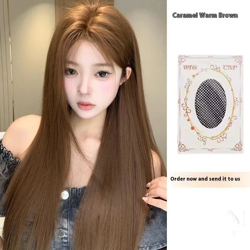 Warm brown long straight lace front wig with centre-parted bangs and side bangs.