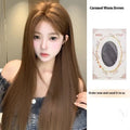 Warm brown long straight lace front wig with centre-parted bangs and side bangs.