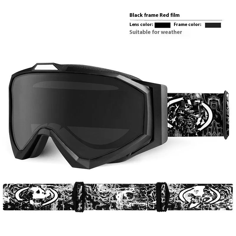 Motorcycle goggles with double layer anti-fog lens in various colour options including black, red and blue frames