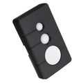 Black three-button garage door remote control with 390MHz rolling code, shown front view.
