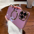 Magnetic phone case for iPhone 15 and 16 in cherry purple, made of electroplated TPU with brushed 6D finish.
