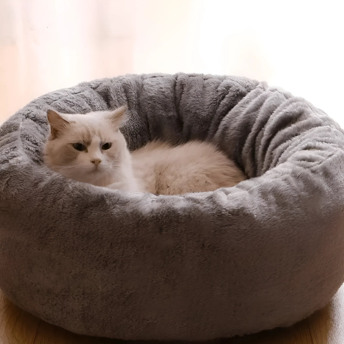 Round plush donut dog bed in Arctic fleece and PP cotton, available in 45cm, 55cm, and 65cm, Coffee Grey White