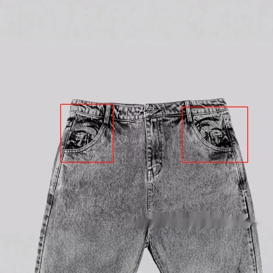 Grey loose-fit straight-leg cotton denim trousers on a mid-waist mannequin