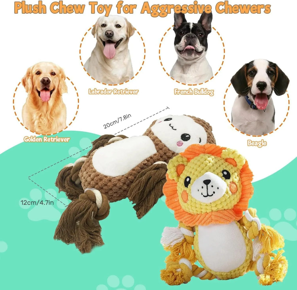Plush lion and monkey squeaky dog toys side by side on a neutral background.