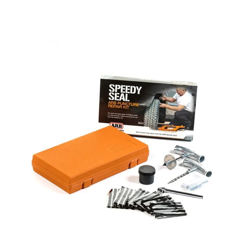 Emergency tyre repair tool set with pressure gauge, insertion tool, and reamer in a yellow case.