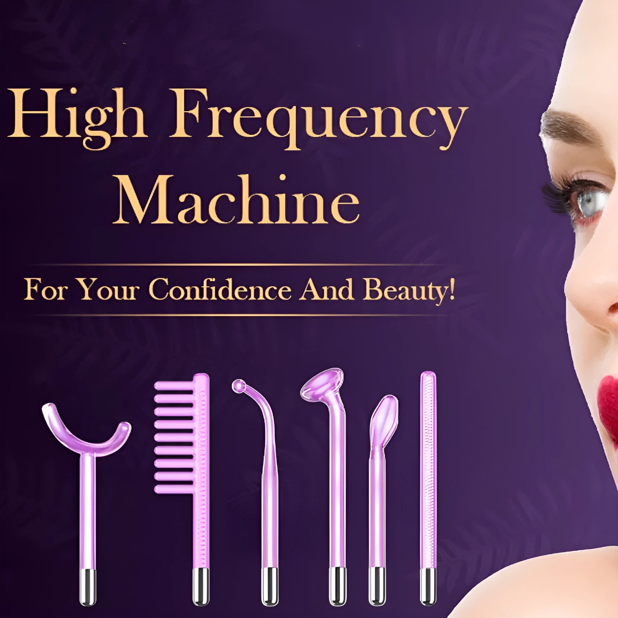Purple professional electrotherapy rod beauty instrument with six accessory heads for commercial skincare treatments