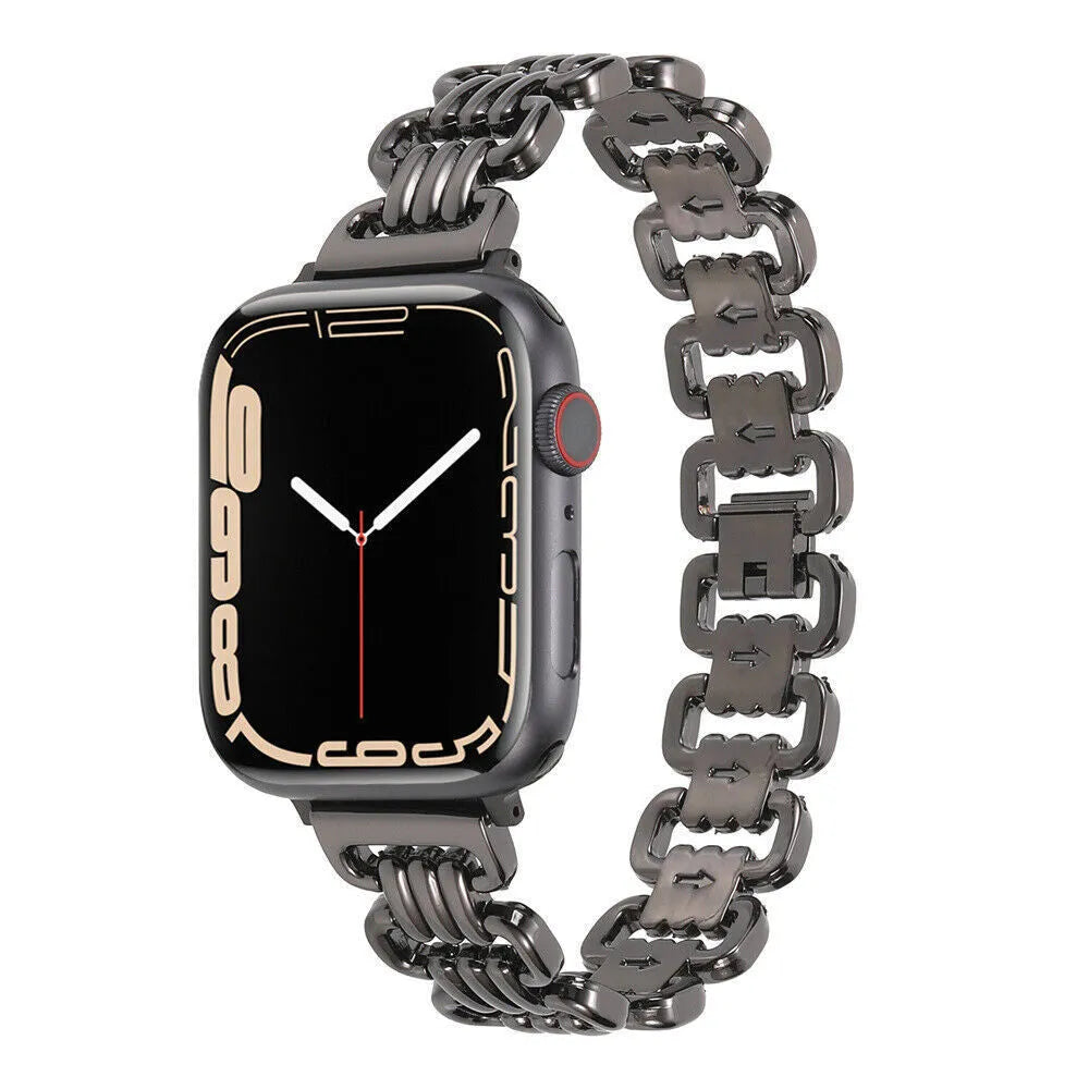 Alloy metal watch bracelet for Apple Watch in silver, black, gold, rose gold, and starlight colours on a white background