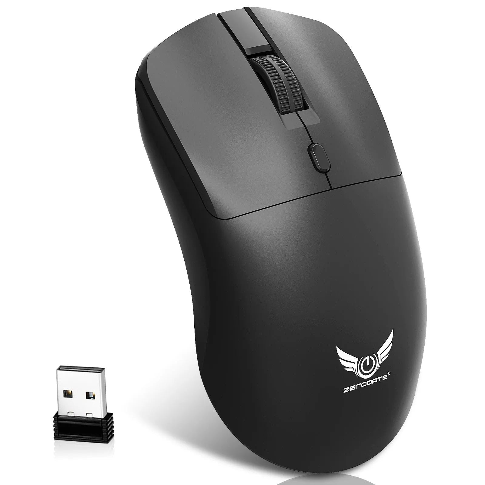 Black wireless mouse with DPI switch and audio buttons on side