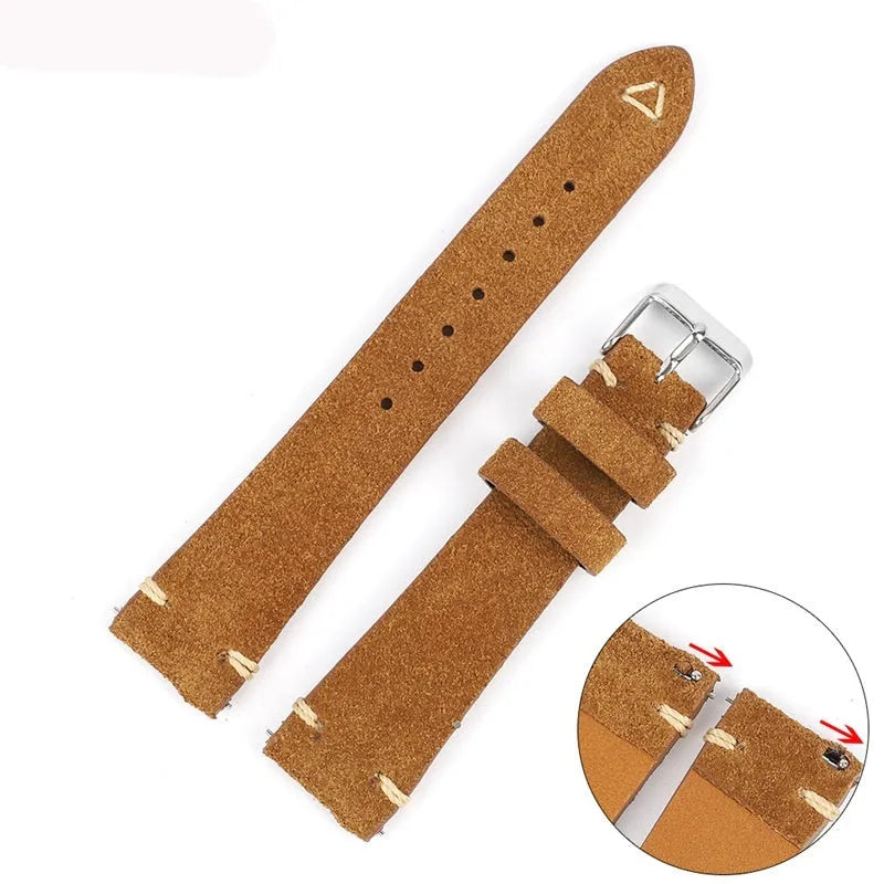 Genuine suede leather watch strap in Army Green colour showing textured surface and 22mm lug width.