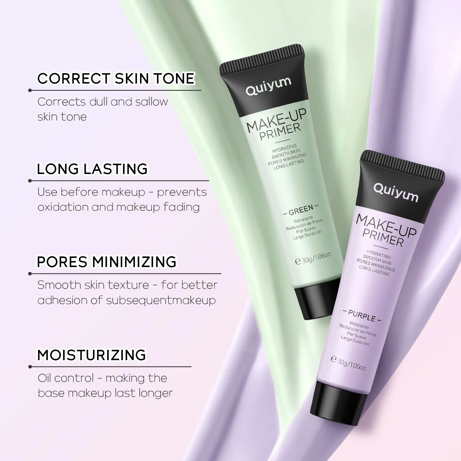 30g moisturising makeup primer colour box with green, pink, and purple correcting shades