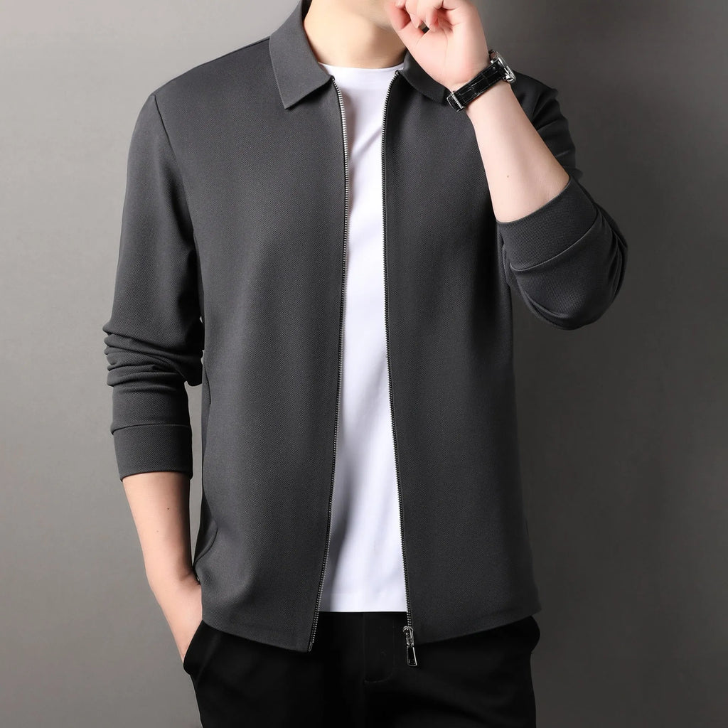 Men's polyester business casual jacket with straight hem in black, dark grey or apricot colours