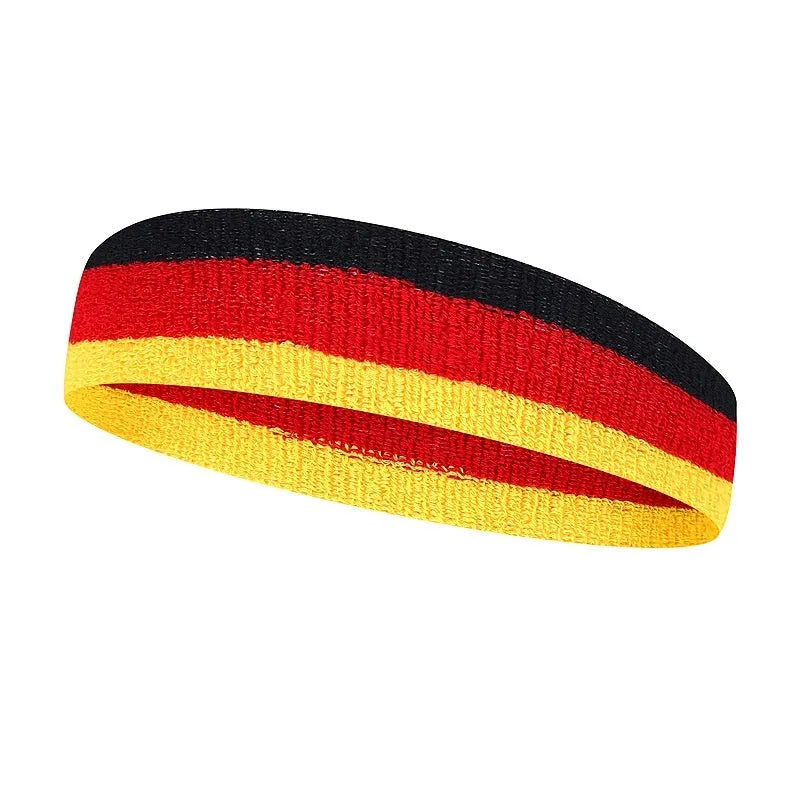 Colourful sports headband for adults in three-colour combinations measuring 5.5cm by 20cm