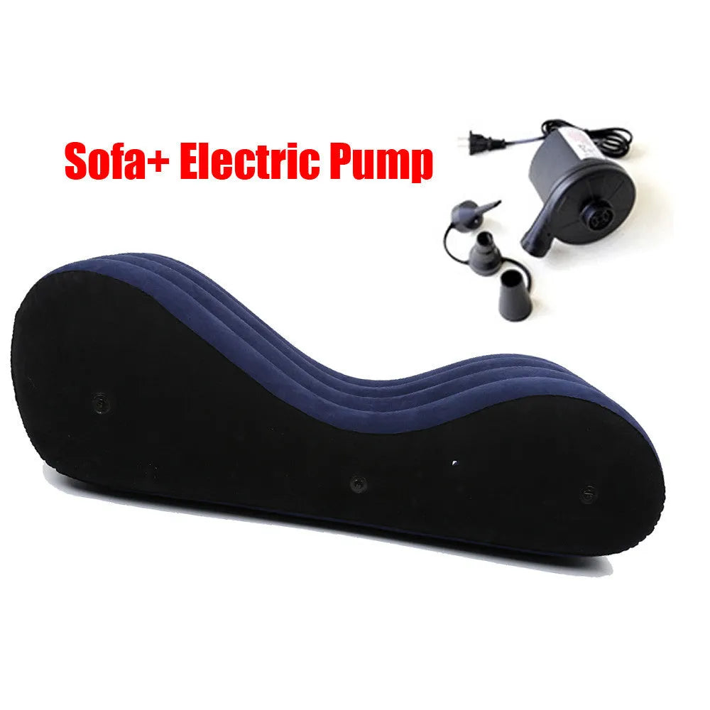 Blue inflatable sofa cushion bed chair in PVC and flocking, knight mat, with or without electric inflator
