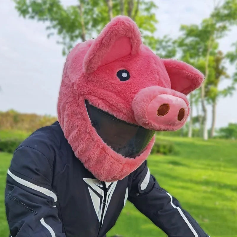 Pink pig cartoon plush hood for motorcycle helmet protection