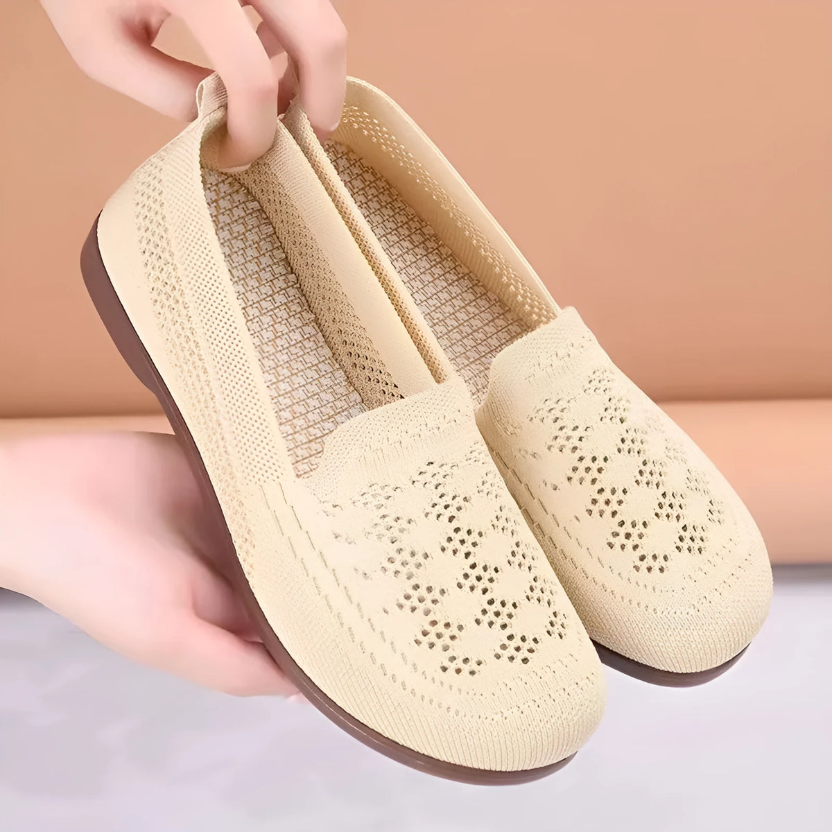 Women's beige mesh tennis shoes with round toe and anti-slip soles for elderly wide feet