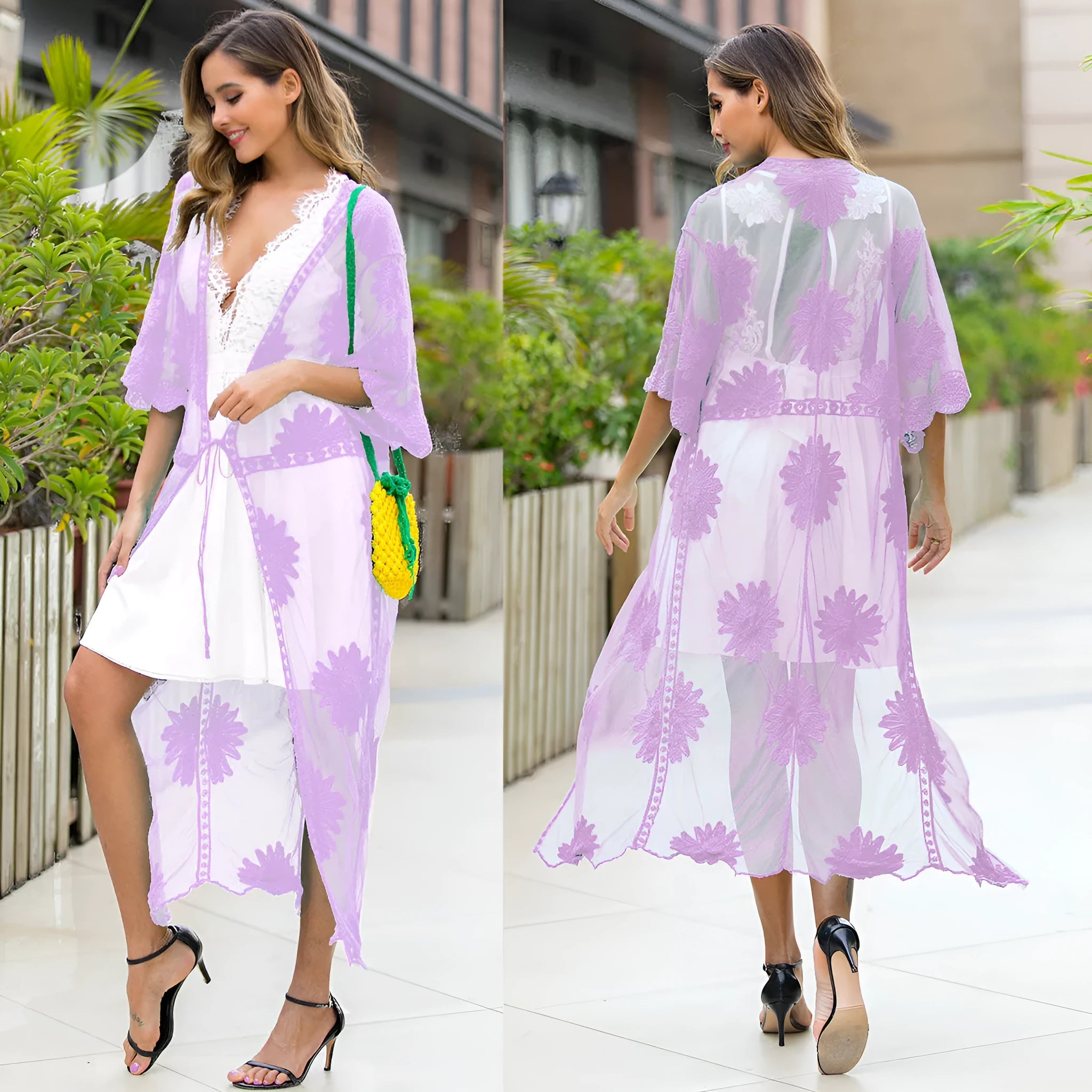 Light purple women's beach cover-up dress with lace embroidery detailing