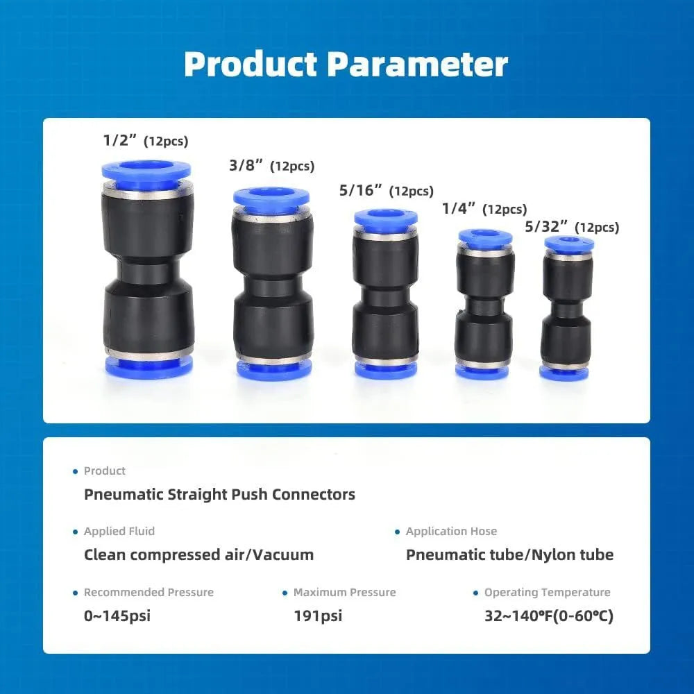 60-piece pneumatic connector kit showing R1/4 and R1/2 thread sizes for compressed air systems