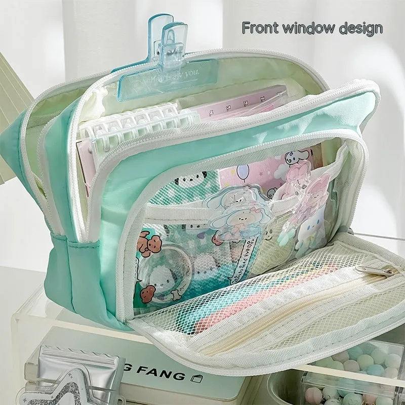 Double layer pencil case for exam stationery with gift handle in blue, cream, green or pink solid colours