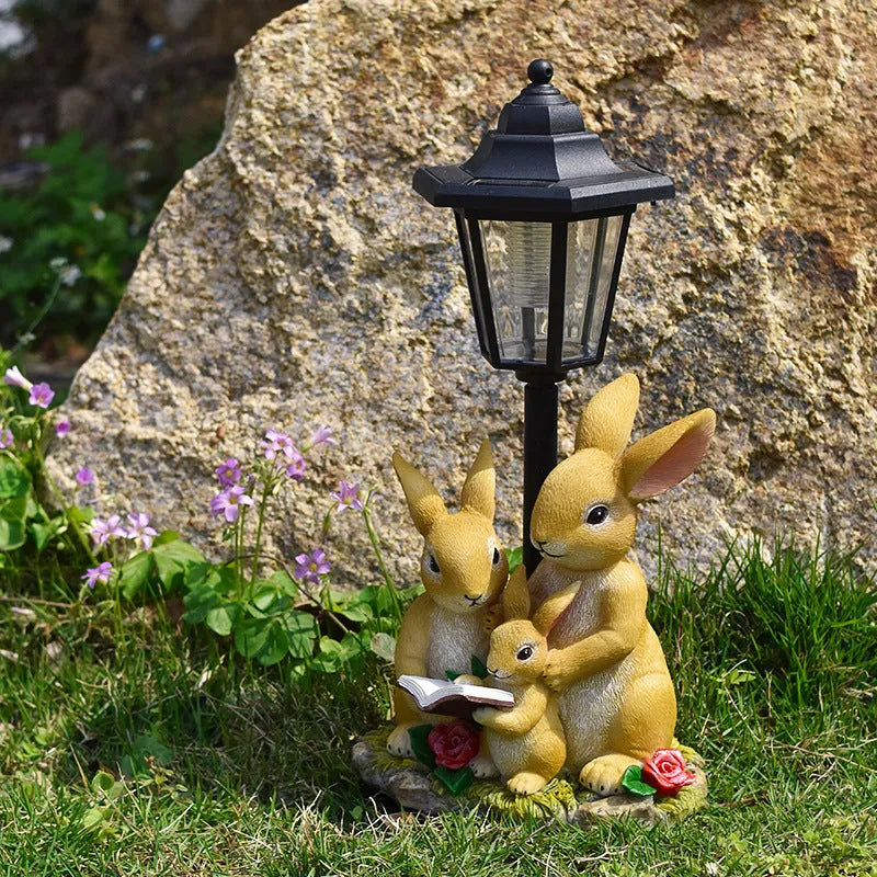 Solar hexagonal garden lamp resin craft in outdoor garden setting with decorative sculpture design