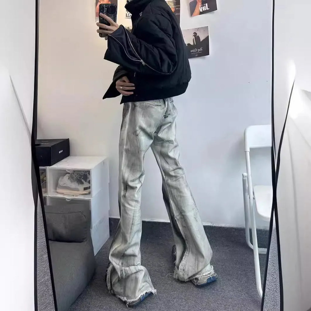 White retro selvedge jeans with black ribbon gradient detailing and mid-waist zip-fly design