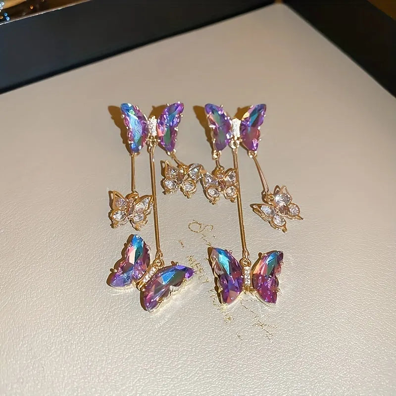 Silver needle crystal flowers butterfly tassel earrings with blue purple electroplated alloy design