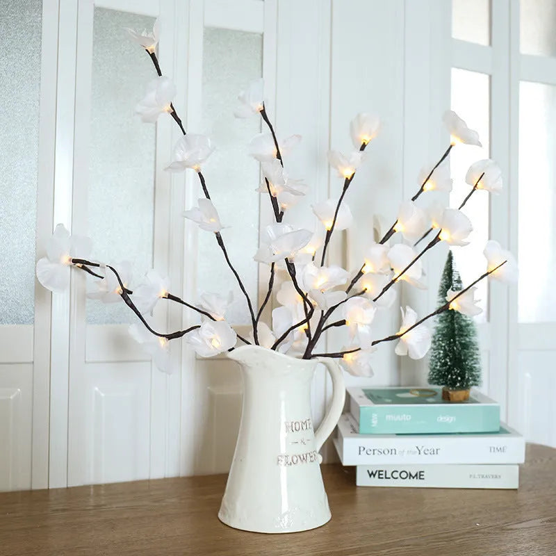 LED phalaenopsis orchid branch decorative light measuring 65cm with pink fabric flowers and warm white LEDs
