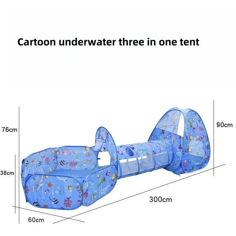 Colourful three-in-one children's play tent with ball pool and crawl tunnel in a marine cartoon theme.