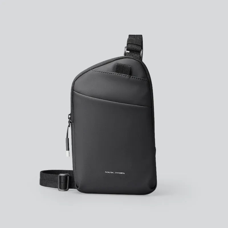 Men's lightweight black Oxford cloth crossbody bag with simple design and visible stitching.
